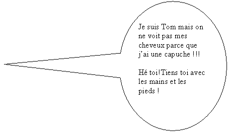 Bulle ronde: Je suis Tom mais on ne voit pas mes cheveux parce que jai une capuche !!!

H toi!Tiens toi avec les mains et les pieds !


