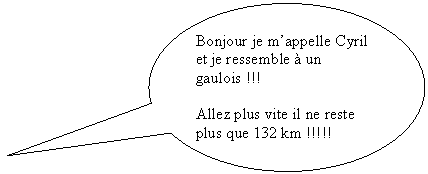 Bulle ronde: Bonjour je mappelle Cyril et je ressemble  un gaulois !!!

Allez plus vite il ne reste plus que 132 km !!!!! km !!!!!!!!!!!!!!!!!!



