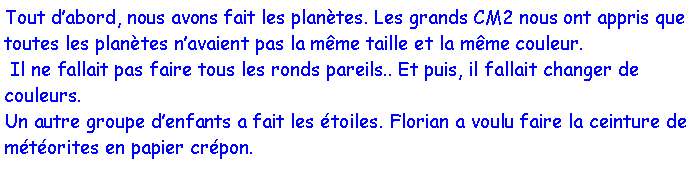 Zone de Texte: Tout dabord, nous avons fait les plantes. Les grands CM2 nous ont appris que toutes les plantes navaient pas la mme taille et la mme couleur. Il ne fallait pas faire tous les ronds pareils.. Et puis, il fallait changer de couleurs. Un autre groupe denfants a fait les toiles. Florian a voulu faire la ceinture de mtorites en papier crpon.